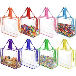 8 Pcs XL-Large Clear Toy Storage Bags with Zipper, Reusable PVC Waterproof Toy Organizer Bags with Portable Handle for Building Blocks, Puzzles, Board Games,and Travel Dust-Proof Storage (XL-Large)