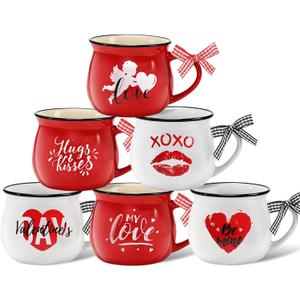 6 Pcs Valentine's Day Mugs 12 oz Coffee Ceramic Mug with Ribbon Bow Red White Love Words Cup Sweet Heart Coffee Cup Tiered Tray Decor Gift for Anniversary Wedding Table Centerpieces