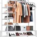 Clothes Rack, Double Rods Clothing Rack with 2 Bottom Shelves & 4 Side Shelves, Metal Garment Rack for Hanging Clothes, Heavy Duty Clothes Rack for Bedroom, Laundry, Living Room, White
