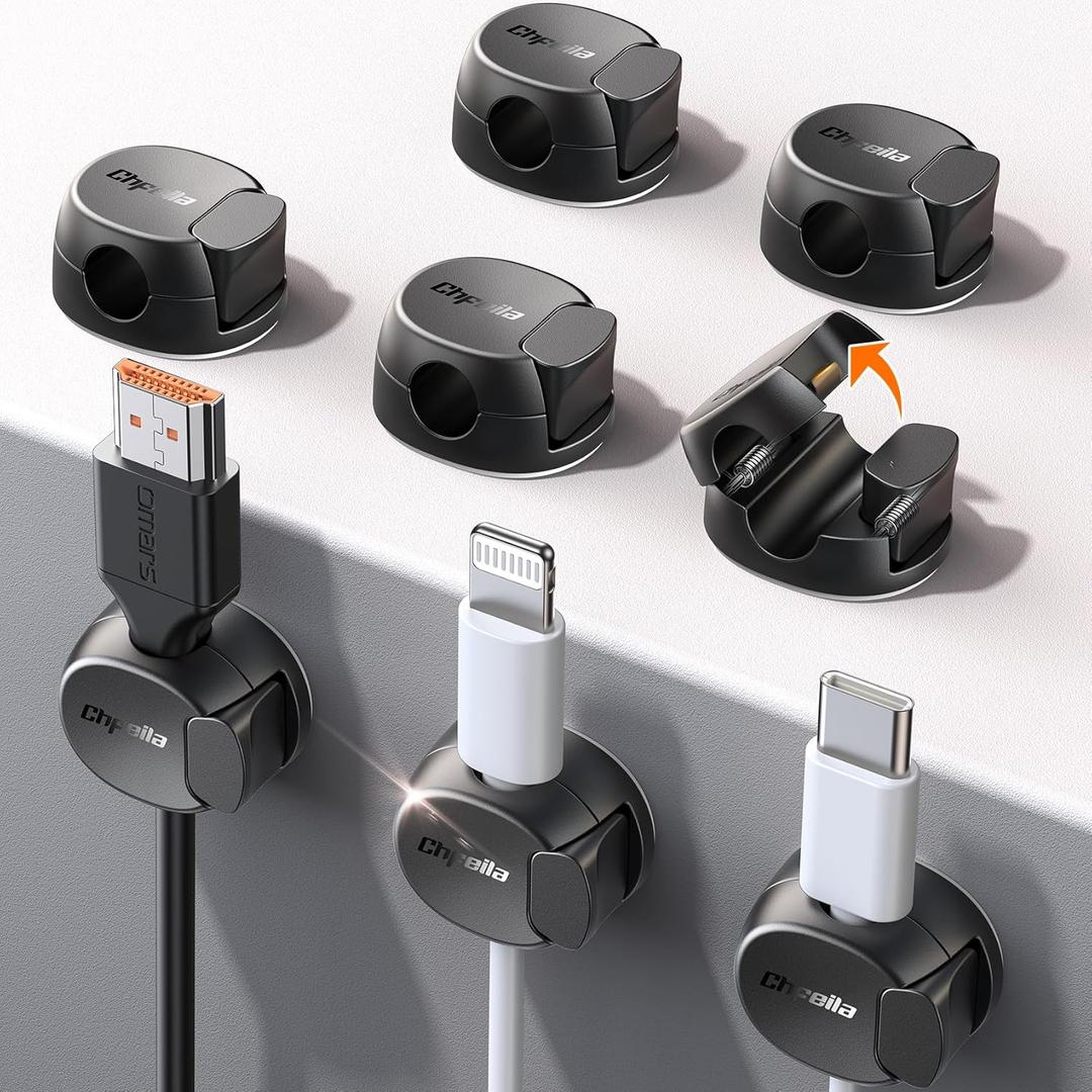 8Pack Cord Organizer [Dual Spring & Clasp, Max Secure] Cable Clips - Chfeila Cable Management, Adhesive Phone Charging Wire Holder for Nightstand/Wall, Home Office Desk Accessories Decor Essentials (Black)