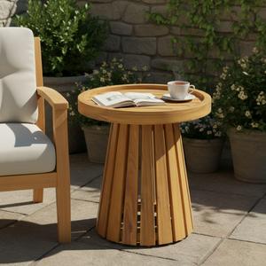 Christopher Knight Home Taikzi Acacia Wood Outdoor Side Table with Tray Top, Round Patio Table with Unique Wooden Base for Backyard/Garden, Stylish Indoor/Outdoor Table with Slatted Design, Teak