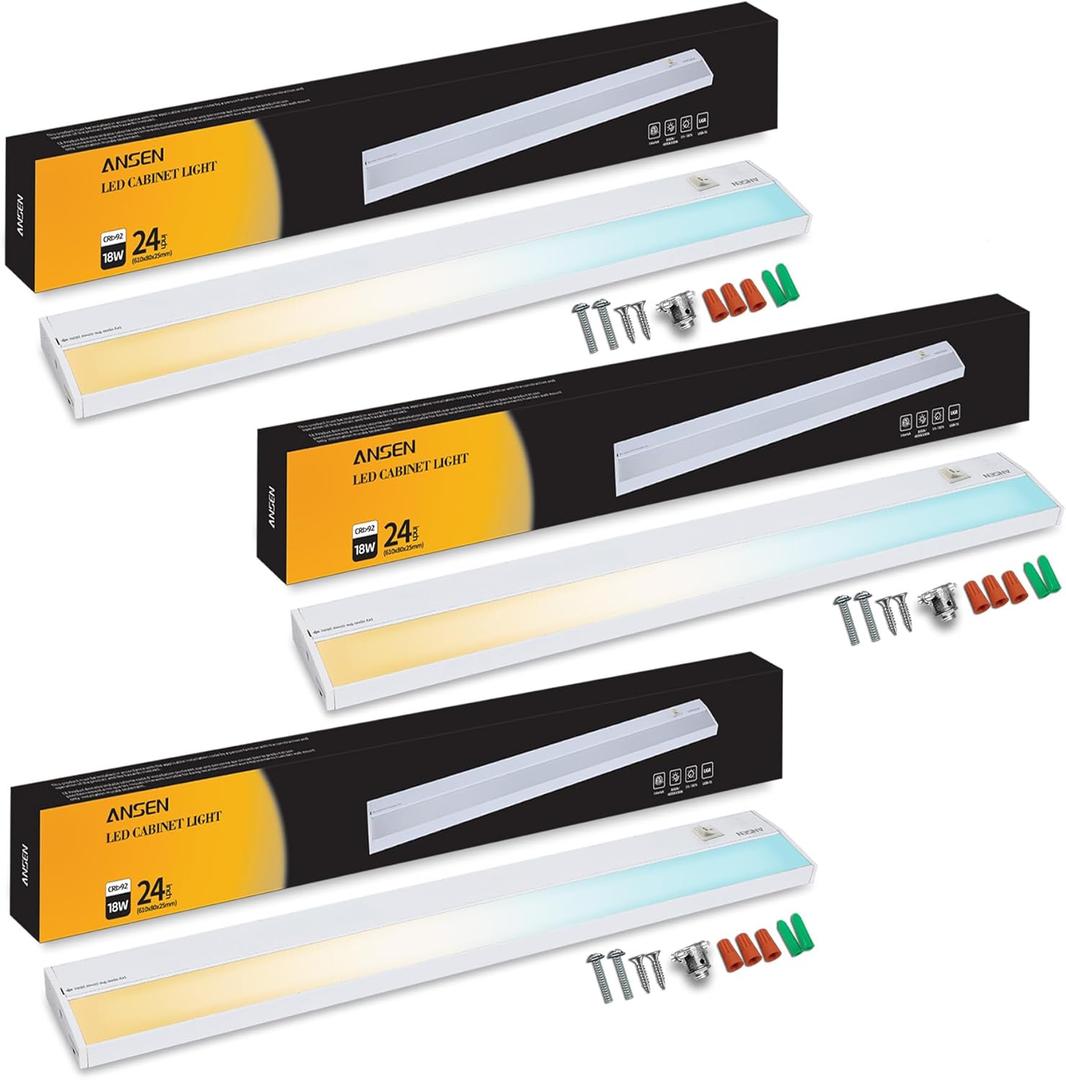 Ansen 3Packs of Under Cabinet Lights for Kitchen, 24in 18W Dimmable Hardwire Led Light for Closet, CRI>92, R9>90, 3 Color Temperature, 3000K/4000K/5000K(Warm White, Cool White, Daylight) (24 inch)