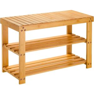 Pipishell 3 Tier Bamboo Shoe Rack Bench - Sturdy Shoe Organizer Holds up to 300lbs for Entryway, Bedroom, Living Room, Balcony, 11"D x 27.5"W x 17.5"H