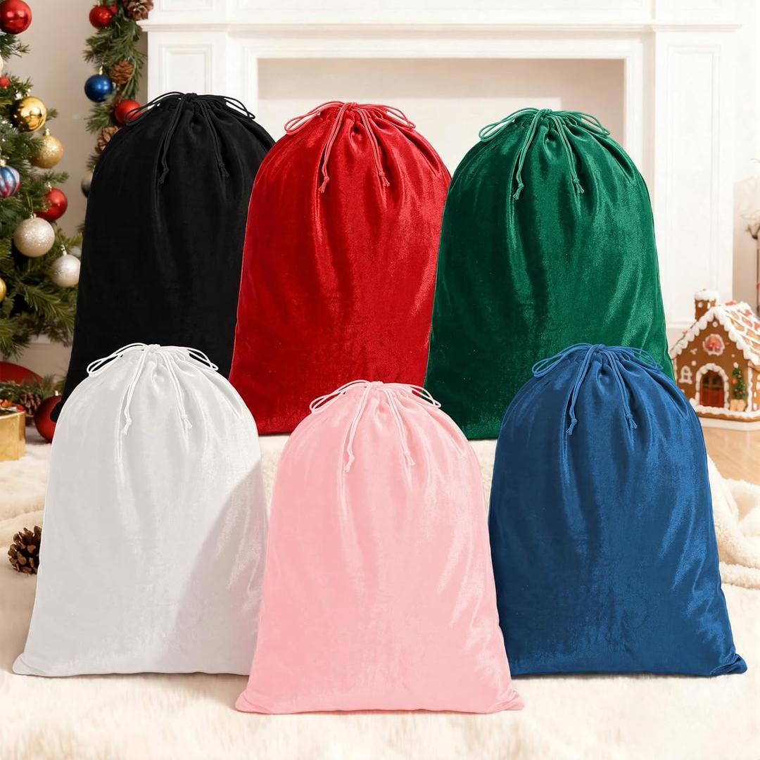 SilTriangle 6 Pcs Christmas Velvet Bags with Drawstrings 28 x 20 Inch Christmas Gift Bag Drawstring Velvet for Xmas Present Toys Xmas Party Supplies, 6 Colors (1 Count (Pack of 6))