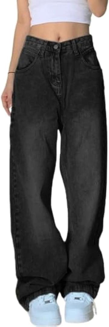 EMMIOL Women Baggy Jeans Mid-Low Waist Boyfriend Streetwear Vintage Jeans Wide Leg Denim Pants (Medium, Black)