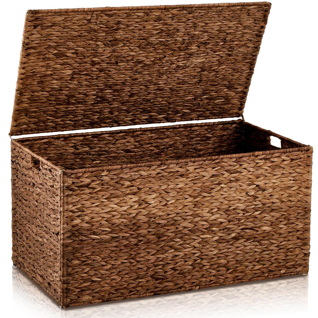 Wonderjune 36 x 20 x 18.5 Inch Water Hyacinth Wicker Storage Trunk with Metal Frame, Heavy Duty Storage Chest with Lid Large Rattan Basket for Blankets, Seasonal Clothes, Extra Bedding (Brown)