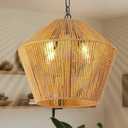 Rattan Light Fixture, 4-Light Boho Chandelier Kitchen Island Come with Brown Rattan Rope Lampshade, Dining Room Bedroom or Living Room