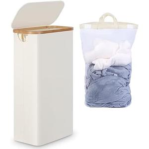 efluky Slim Laundry Basket with Lid, Tall Narrow Washing Basket for Laundry, Folding Small Slimline Laundry Baskets for Dirty Clothes, 63L Cloth Storage Basket Beige, EF-63Beige