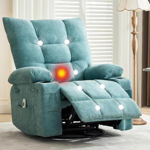 Swivel Rocker Recliner Chair with Heat and Massage,360 Degree Swivel Rocking Single Sofa with Cup Holders, Oversized Single Sofa Seat, Lazy Boy Recliner Chairs for Living Room (Blue1)