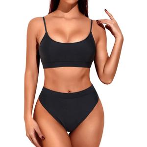 Tempt Me Women High Waisted Bikini Set Athletic Two Piece Swimsuits Sporty High Cut Bathing Suit with Scoop Neck (Small, Black)