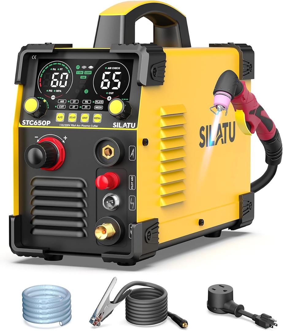SILATU 65Amps Plasma Cutter, STC650P HF Non-Touch Pilot Arc Plasma Cutter Machine, 110/220V Dual Voltage Air Sensor Technology Large LED Display, 20mm Max Cutting thickness, PT/2T/4T for Beginners DIY