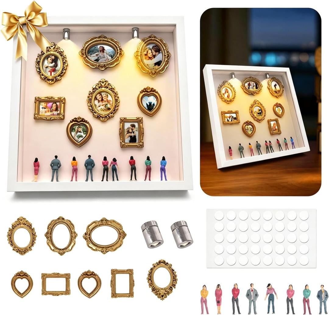 New DIY Mini Gold Grames Silhouette Box, Upgrade Shadow Box Frame Kit with Gold Miniature Museum & Figurines, Celebrate Your Unique Memories in Style, for Anniversary, Wedding, Birthday & Home Decor
