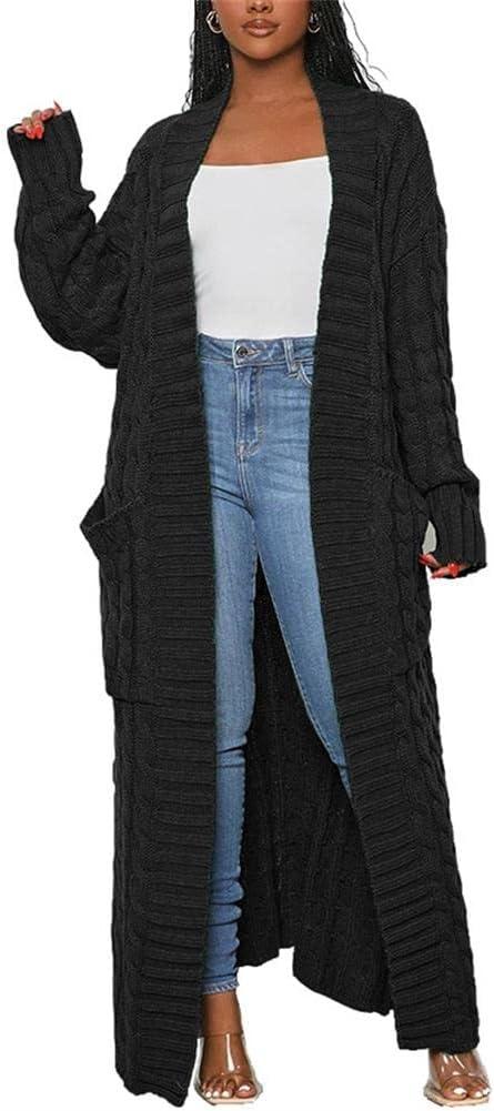 Long Sweaters for Women Cardigan Open Front Long Sleeve Plus Size Chunky Cable Knit Duster Cardigans with Pockets Winter Coat (Large, Black)