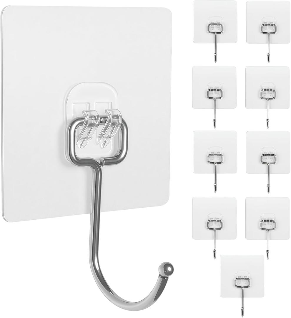 Adhesive Wall Hooks 10-Pack 60lb Heavy Duty - Waterproof Rustproof Sticky Hooks, No Damage Wall Hooks for Kitchen Bathroom Rental Home