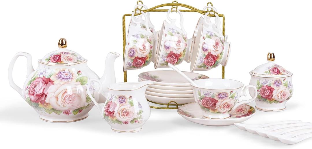 fanquare European Porcelain Coffee Set  , Pink Women Tea Set, Bone China Tea Set, Vintage Floral Coffee Tea Pot with Cups 5