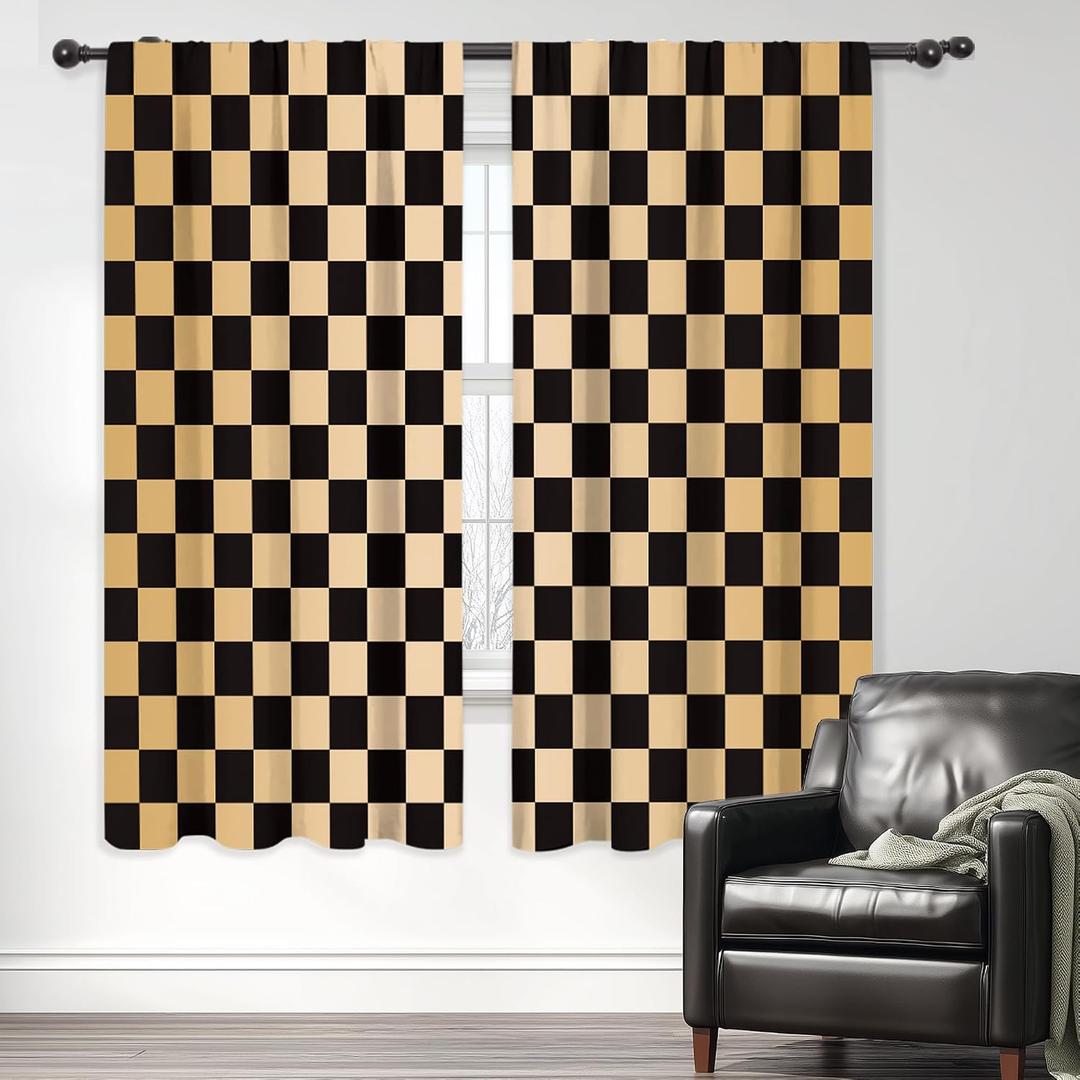 2 x Brown Black Checkered Abstract Retro Living Room Bedroom Window Curtains, 42"W x 63"L