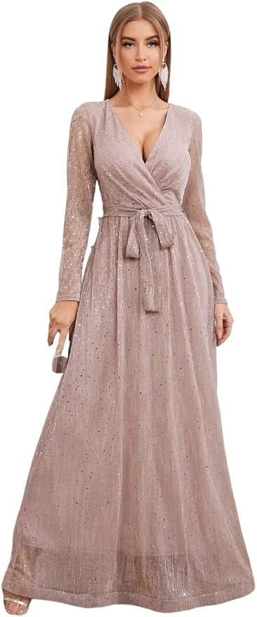 Women's V-Neck Mesh Elegant Long Sleeve Dress, Medium