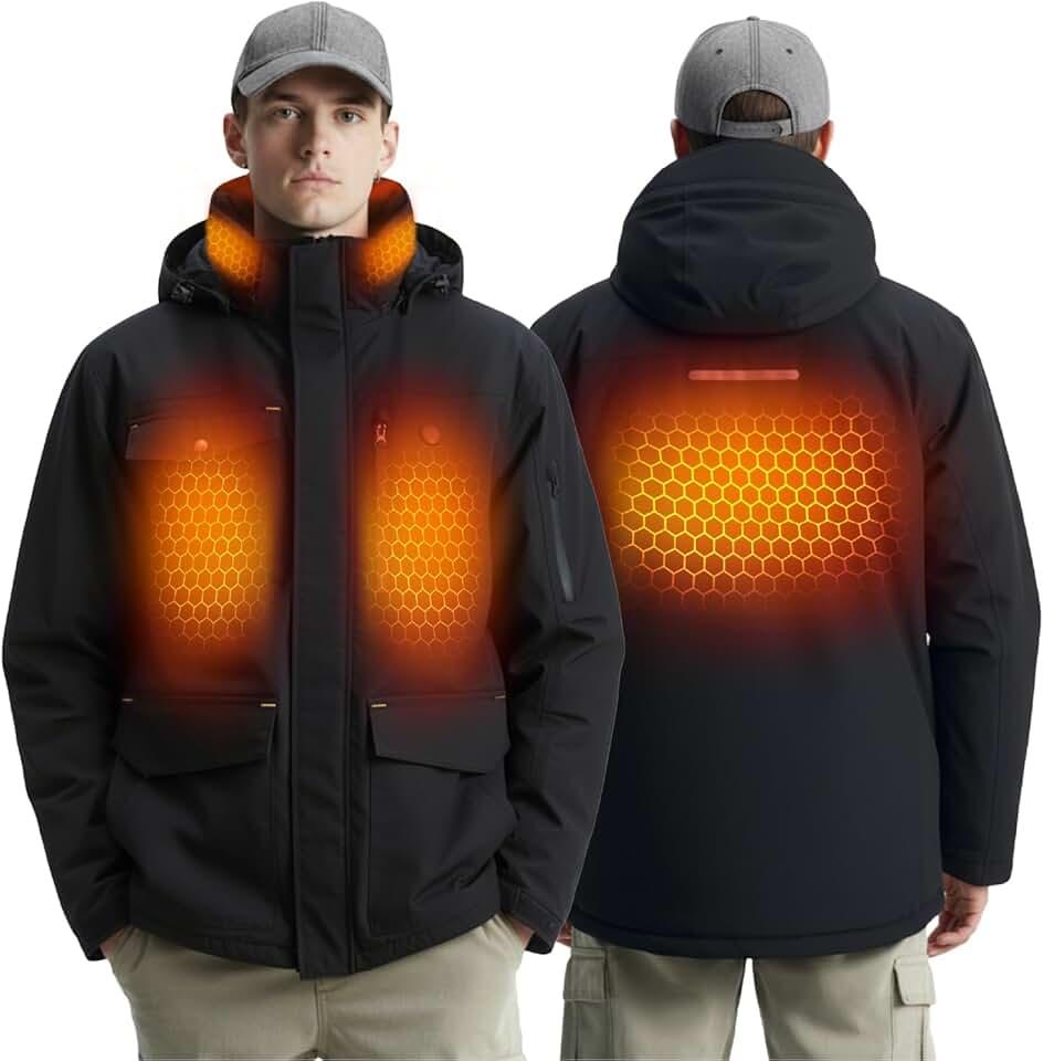 InoKraft Heated Jacket for Men with Rechargable Battery and USB-C Cable, Winter Outdoor Soft Shell Electric Heating Coat Large