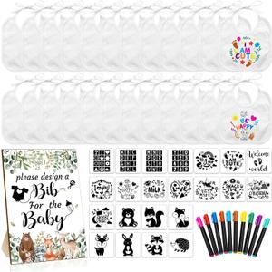 Newwiee 55 Pcs White Bibs for Baby Decorating Design a Bib Decorate Plain newborns Bibs Wooden Sign for Baby Shower Games Kit Woodland Animal