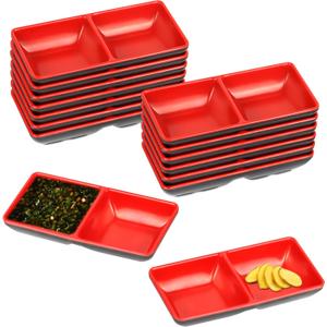 15 Pcs Dual Soy Sauce Dish, Melamine Dual Dipping Bowls Divided Sauce Dishes for Sushi,Two Compartments Plate Appetizer Serving Tray for Restaurant Kitchen Condiments