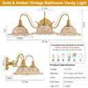 Vintage Bathroom Vanity Light Fixture, 3-Light Antique Matte Brass Finish with Amber Flower-Shaped Glass Shades, E26 Base, 25.2 Inch Over Mirror
