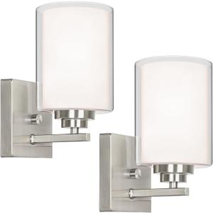 Set of 2 Wall Sconces for Bathroom, Modern Vanity Light Fixtures, Nickle Wall Mount Lighting Lanterns, Farmhouse Wall Lights with Double Clear Glass Shade for Bedroom Living Room Mirror Hallway