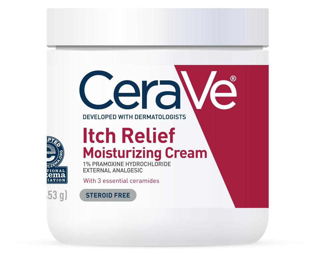 CeraVe Moisturizing Cream for Itch Relief, Anti Itch Cream with Pramoxine Hydrochloride, Relieves Itchy with Minor Skin Irritations, Sunburn Relief, Bug Bites, Fragrance Free, 16 Ounces (16 Fl Oz (Pack of 1))