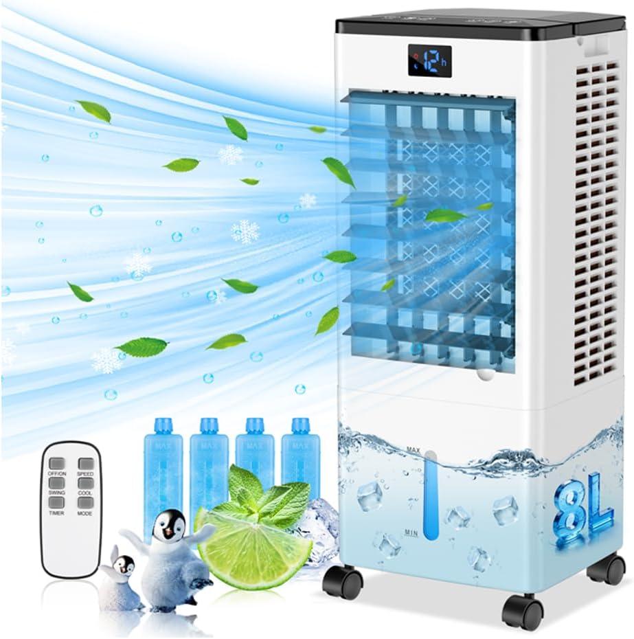 Portable Air Conditioners,3-in-1 Evaporative Air Cooler,4 Modes 3 Speeds Blow Cold Air, 120Oscillation, LED Display, 12H Timer, Windowless Portable AC w/ 8L Tank & Remote for Home Bedroom Office