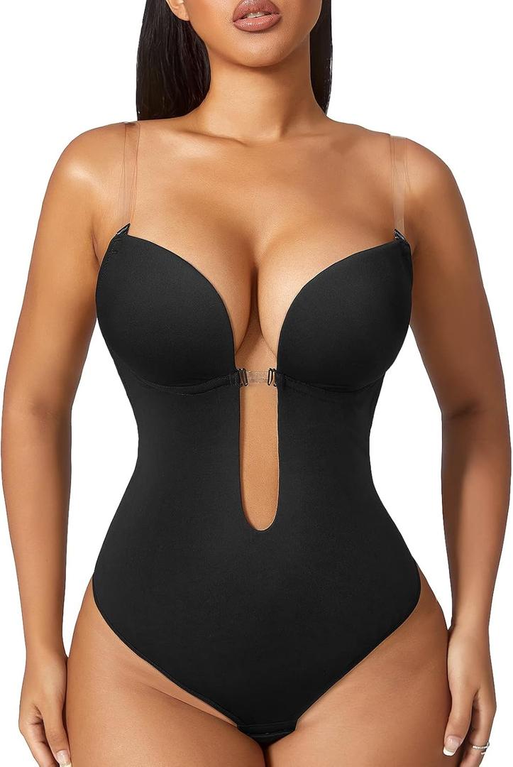 Women Shapewear Backless Body Bra Shaper Womens Plus Size Plunge Invishaper Low Back Thong Bodysuits Open Crotch Daily Use (Size XX-Large, Black)