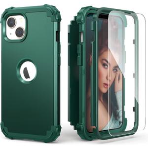 IDweel for iPhone 14 Plus Case with Screen Protector, Luxury 3 in 1 Shockproof Slim Fit Hybrid Heavy Duty Hard PC Cover Soft Silicone Bumper Full Body Anti-Fingerprint Case, Graphite Green