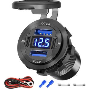 84W 4-Port 12V/24V USB Car Charger Socket with Dual PD3.0 & Dual QC3.0 Fast Charging, Aluminum Alloy Waterproof USB C Outlet with LED Voltmeter, Compatible for Cars Boats Trucks RVs Motorcycles Marine