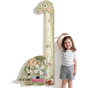Wooden Dinosaur Growth Chart, Montessori Long-Neck Brachiosaurus Height Ruler with 7-in-1 Busy Board, Clock, Buckle Alphabet Slider Slide Door Lock Pop Fidget & Zipper, Educational Board for Kids 3-6
