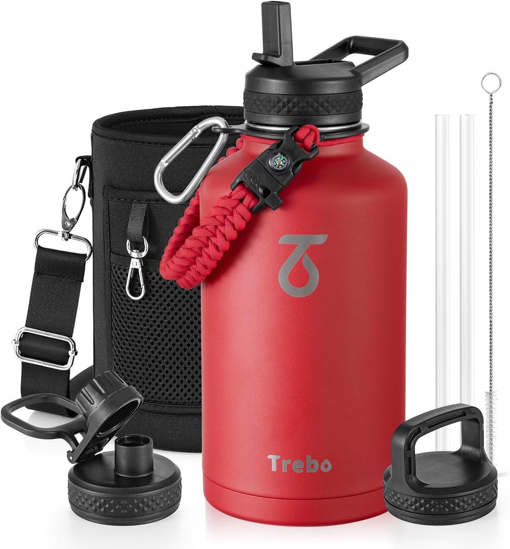 Trebo Water Bottle 64oz with Paracord Handle, Half Gallon Large Vacuum Triple Wall Stainless Steel Insulated Water Jug with Holder Strap Straw Spout Lids, Leakproof Keep Cold & Hot, Red