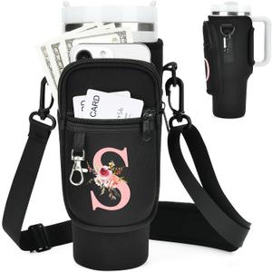 Initial Water Bottle Holder with Strap for Stanley Cup Accessories 40 oz/Simple Modern Tumbler, Mother's Day for Women Girls, Water Bottle Carrier Bag with Phone Pocket, Hiking Walking Gym Travel