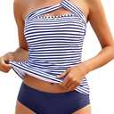 Tempt Me 2 Piece Tankini Bathing Suits One Shoulder Swim Top with Bottom White Blue Stripe S