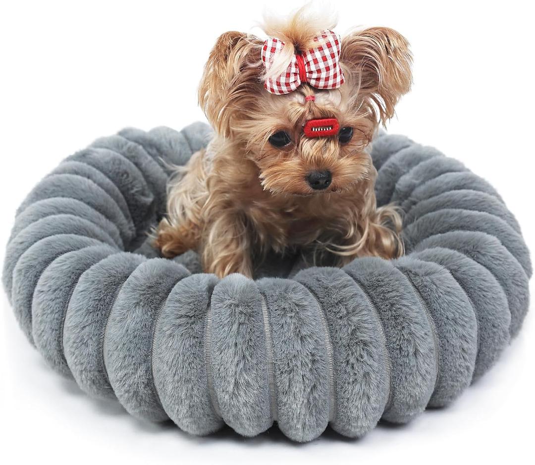 Zihapgpzp Kitten Beds for Indoor Cats - Soft Cozy Small Cat Bed Washable 16 Inches, Calming Anti-Slip Round Fluffy Plush Faux Fur Pet Bed for Puppy and Kitten up to 5 lbs, Warm Grey