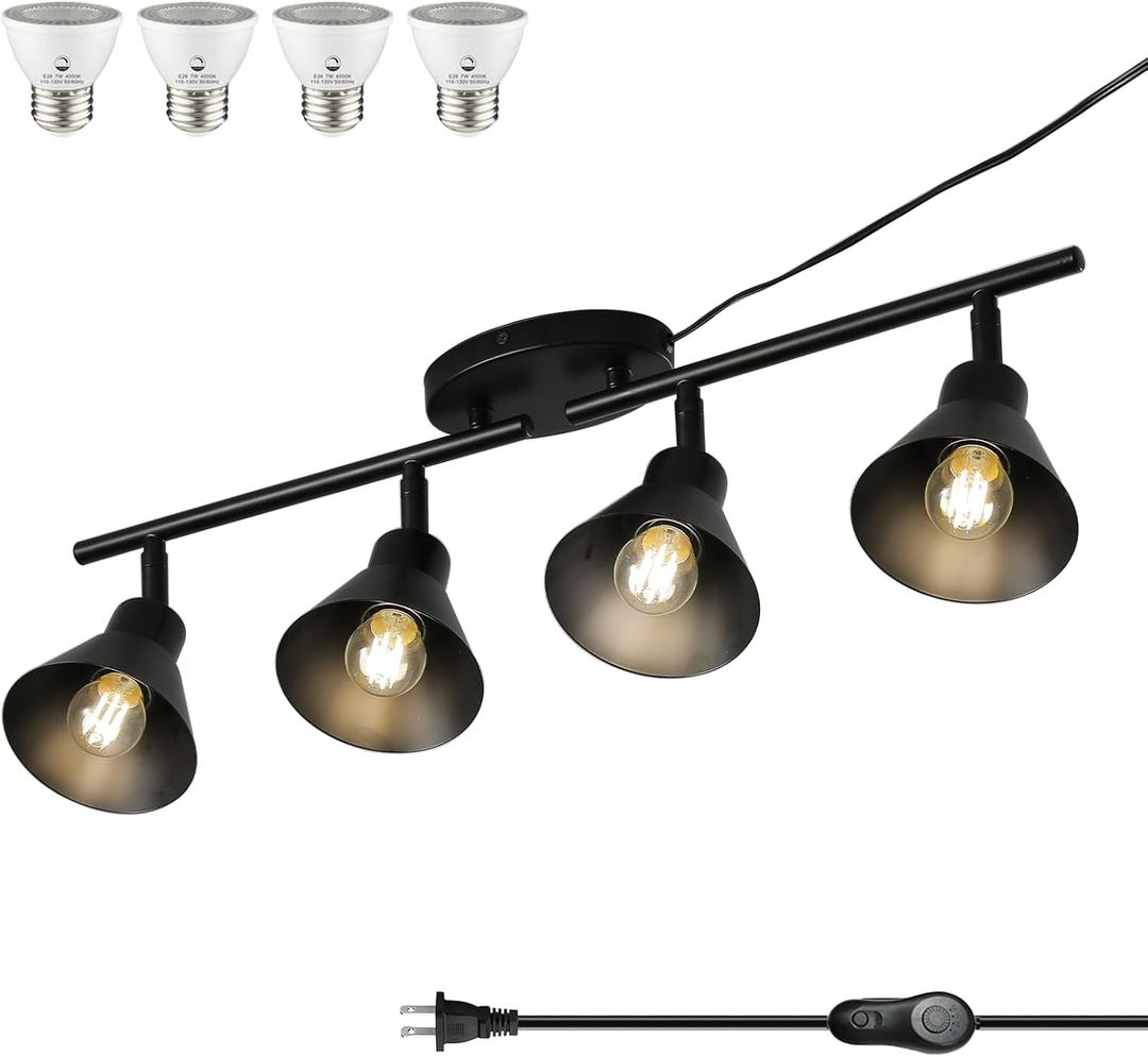 Black 4 Light Plug in Ceiling Light Fixture,Modern Plug in Track Lighting,16.4ft Cord with Timer & Dimming Switch,3 Way Ceiling Spot Lighting,Flexibly Rotatable Light HeadDimmable LED Bulbs Included