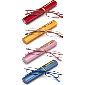 REAVEE 4 Pack Slim Pen Reading Glasses for Women Stylish Small Metal Tube Readers Spring Hinge with Portable Clip Case, Red Gold Pink Blue 2.0