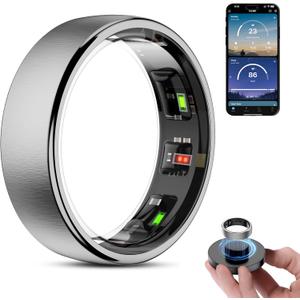 Smart Ring Health Tracker, Wireless Charging Case Fitness Ring, Brushed Stainless Steel Ring with Sleep and Exercise Tracking, Compatible with iOS and Android (Silver, 7)