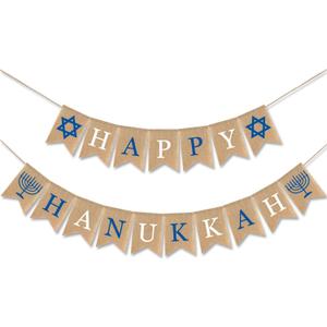 CAVLA Happy Hanukkah Burlap Banner Jute Hanukkah Banner Garland with Star of David and Menorah Signs Chanukah Festival Party Decorations for Hanukkah Holiday Mantel Fireplace Party Supplies