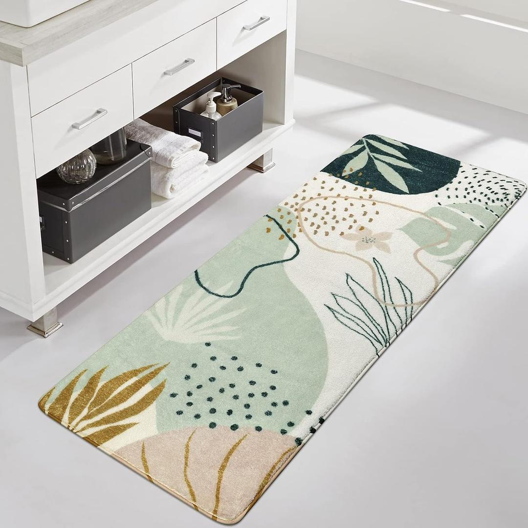 Uphome Bathroom Runner Rug Green Botanical Long Bath Mat Non-Slip Modern Boho Bath Rug Soft Velvet Machine Washable Floor Mats Aesthetic Design for Bathroom Tub Shower,20''x59'' (1'8" x 4'11" (Rectangular))
