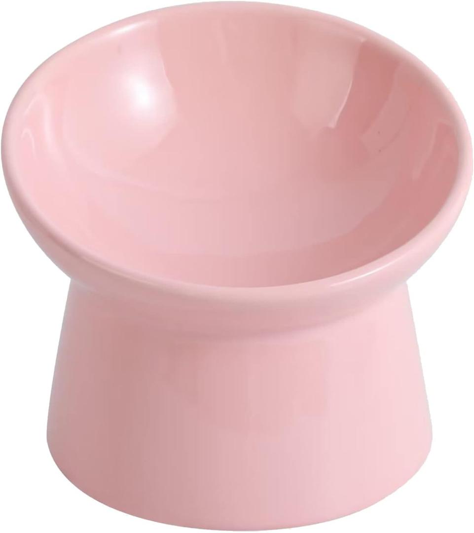 Raised Ceramic Cat Food Bowl - Elevated Base, Tilted, Anti Vomit - Whisker Friendly Shallow Wide Feeding Bowl - Microwave and Dishwasher Safe