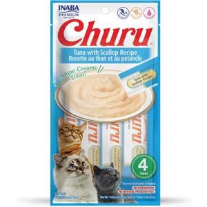 INABA Churu Cat Treats, Grain-Free, Lickable, Squeezable Creamy Pure Cat Treat/Topper with Vitamin E & Taurine, 0.5 Ounces Each Tube, 4 Tubes, Tuna with Scallop Recipe (EXP 03/19/26)