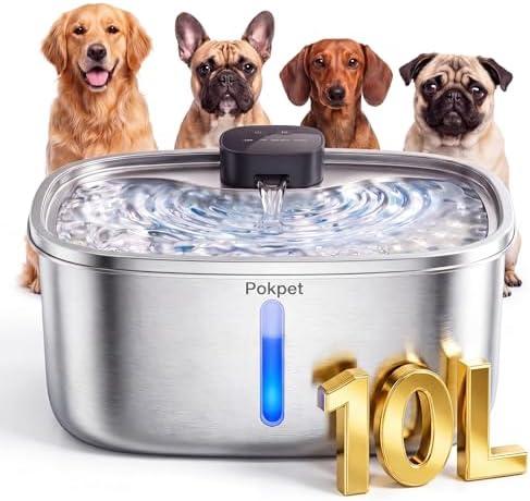 Pokpet Water Fountain for Dogs Home Outdoor Multi-Pet Stainless Steel 10L/2.64gal Wireless Large Dogs Motion Sensor Dispenser Filtered Cordless Bowl Waterer -Wireless Stainless Steel&1Filters