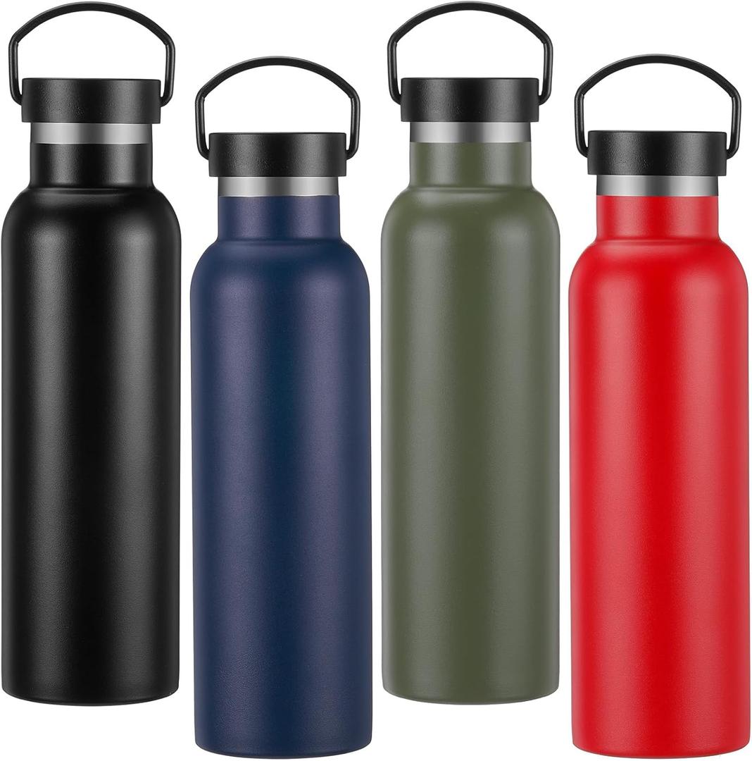 LemonRoad 4 Pack Water Bottles Insulated Stainless Steel 21 oz Double-wall Insulated Leak-proof Non Spill Reusable Sport Water Bottle with Lid for Camping Hiking, Black, Navy Blue, Military Green, Red