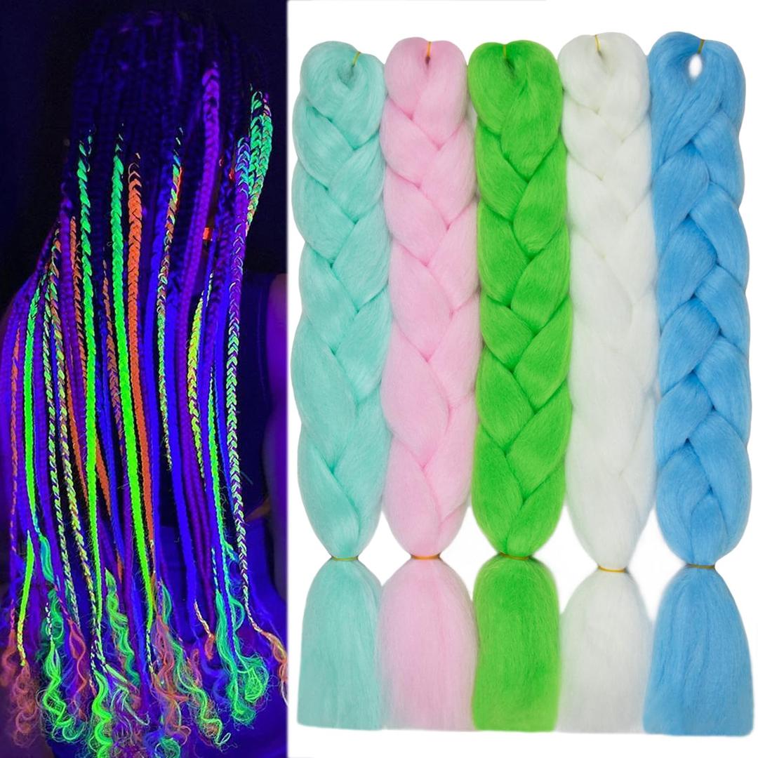 5pcs Colorful Braiding Hair 24inch Colored Hair Extensions for Braids Rainbow Jumbo Braids Glow in the Dark Hair