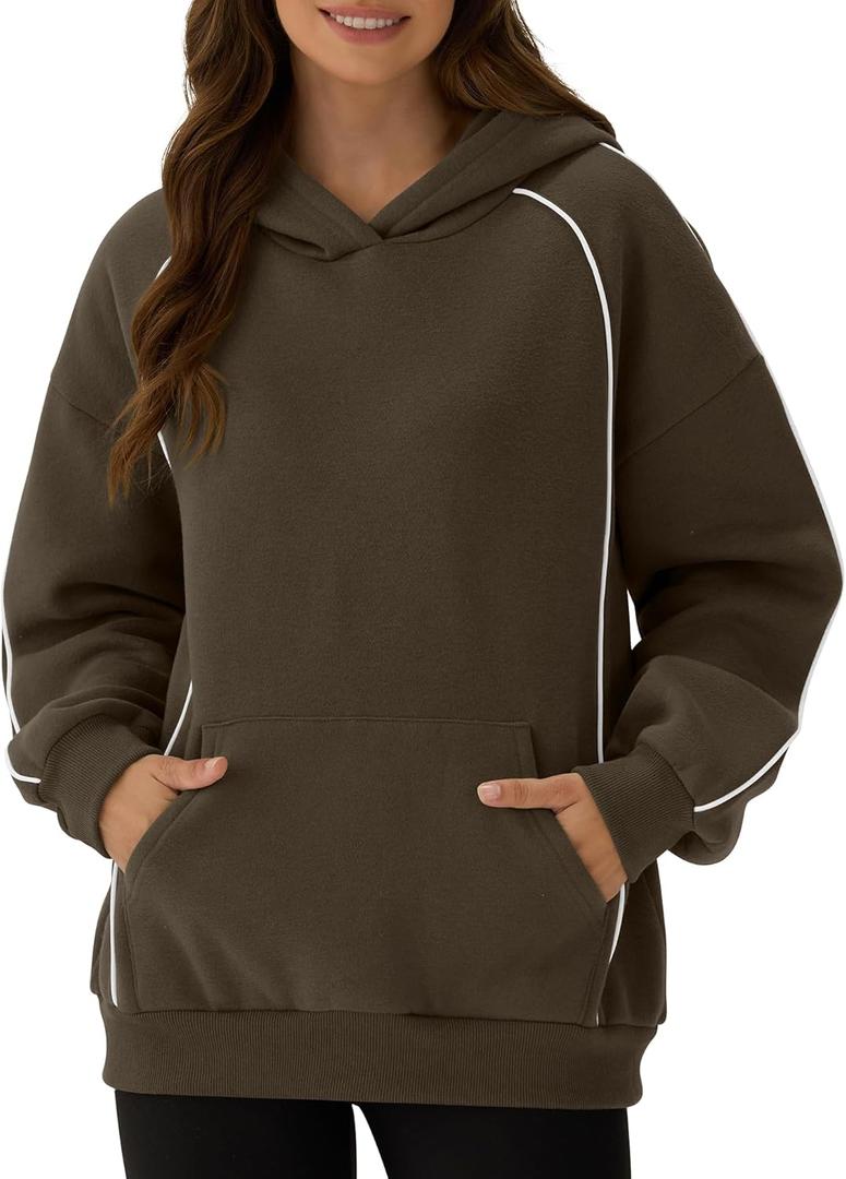 ZAFUL Women's Seam Oversized Hoodies Fleece Comfy Sweatshirts Fall Fashion Casual Pullover Tops 2025 Winter Clothes (Brown, S)