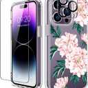 GiiKa for iPhone 14 Pro Case with Screen Protector, 6.1" Clear Full Body Shockproof Protective Floral Girls Women Hard Case with TPU Bumper Cover Phone Case for iPhone 14 Pro, Pink Flowers