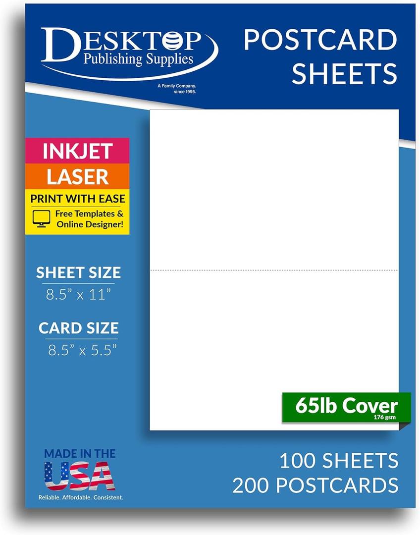 65lb White Jumbo Postcards - 2 per page - Breaks to 5 1/2" x 8 1/2" Sheets (100 Sheets / 200 Postcards)