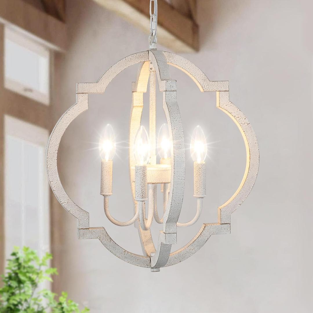 White Farmhouse Orb Chandelier for Dining Room- 4 Light Modern Pendant Light Fixture, Rustic Wood Hanging Lights for Kitchen Island Living Room Bedroom Entryway